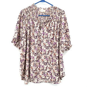 melloday size 2X short‎ sleeve blouse floral print smocked upper cream purple